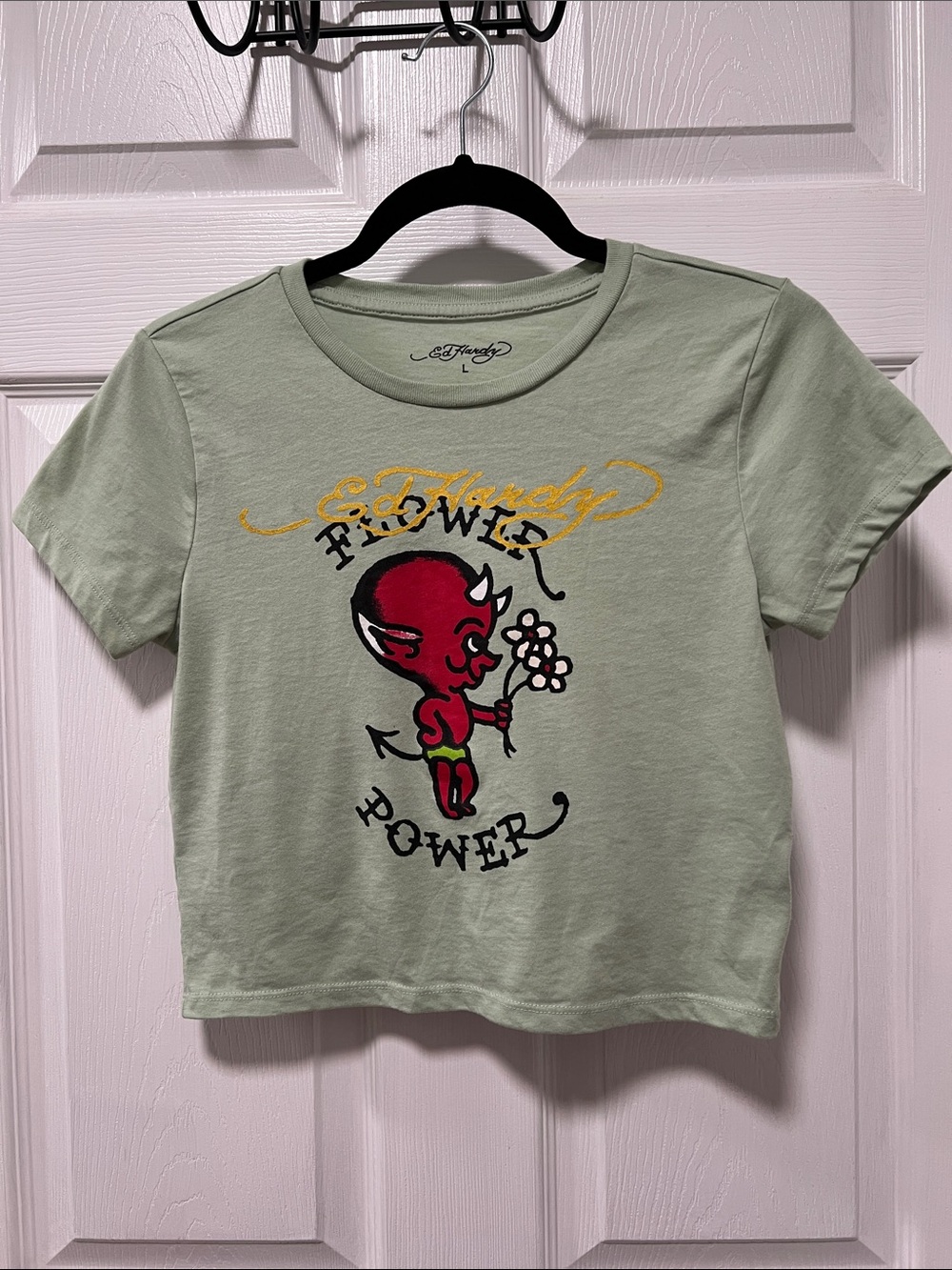 Ed Hardy Sage Green Crop Tee with Red Devil Flower Graphic, “Flower Power”